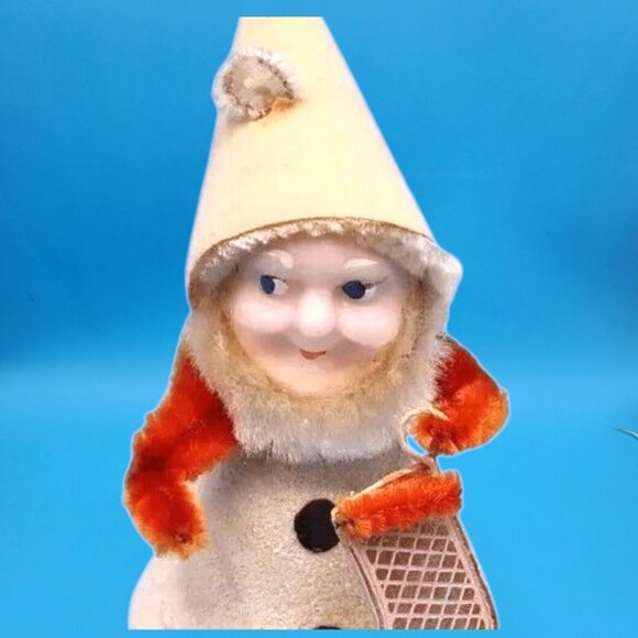 Vintage 1950s Putz Elf Ornament Red Chenille Foil Stocking Mica Accents Japan - Picture 3 of 9